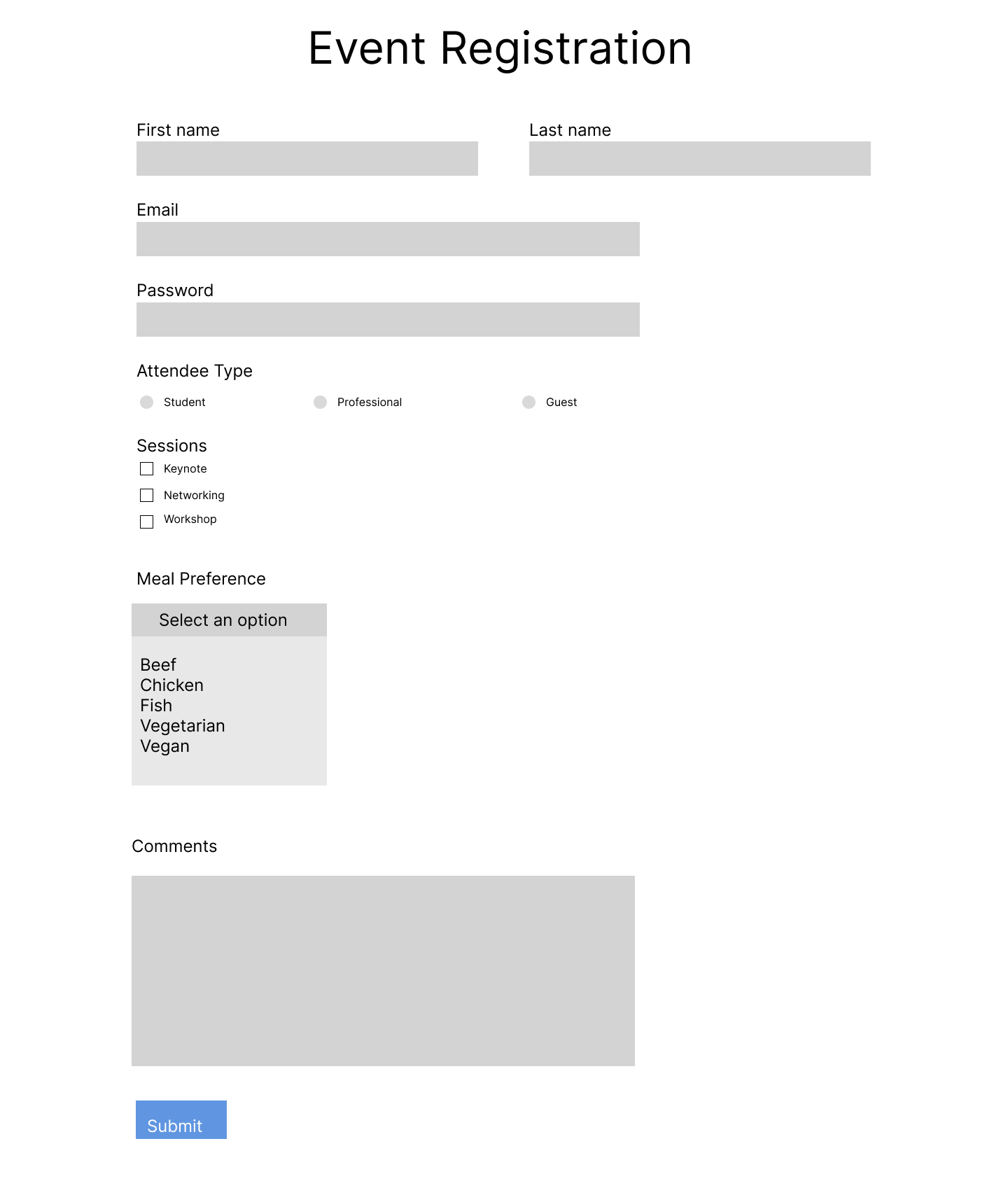Event Registration wireframe showing layout of form fields